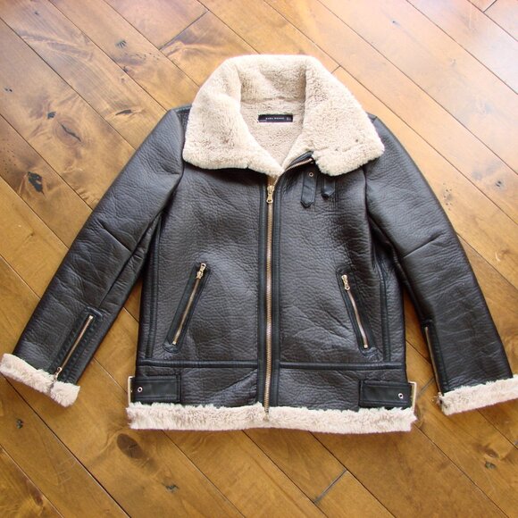 Zara Black Faux Leather Shearling Jacket Aviator Biker Moto Bomber Size Small - Picture 3 of 15